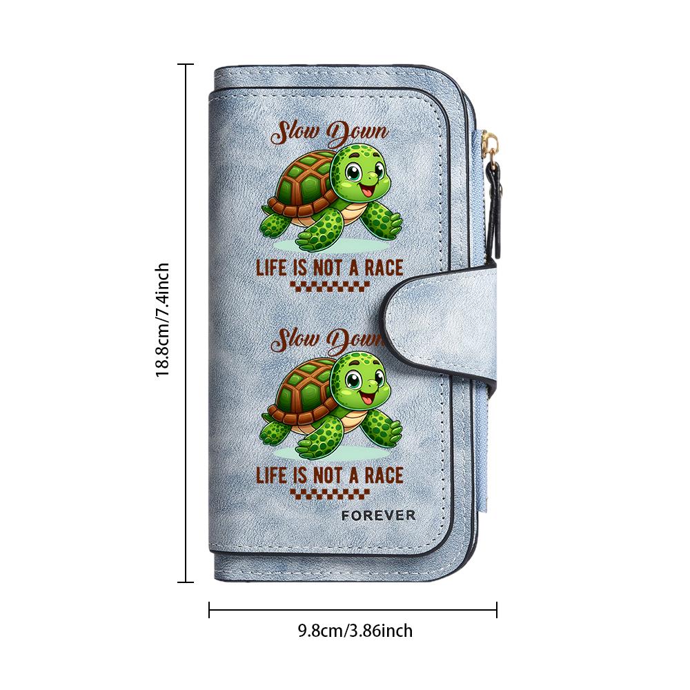 Cute Turtle Printed Leather Wallet Slow Down Life Motto Casual Daily Credit Card Holder Portable Fashion Women Purse