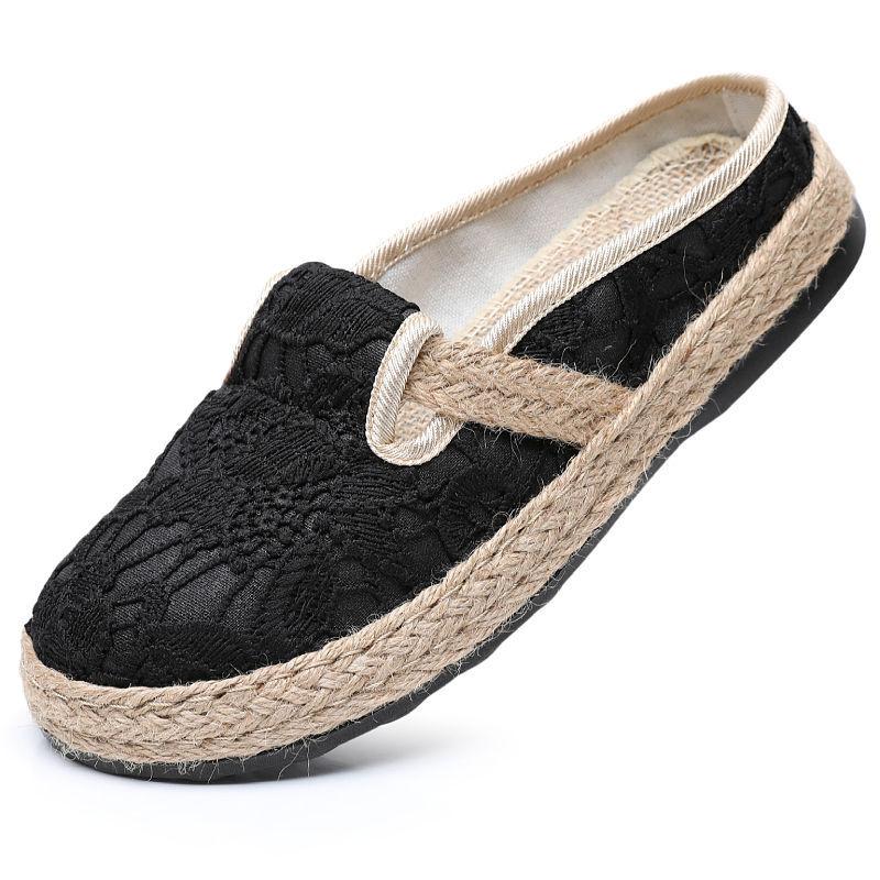 2025 New Breathable Casual Women's Bag Head Half Slippers Lace Retro Cotton and Linen Shoes Flat Bottom