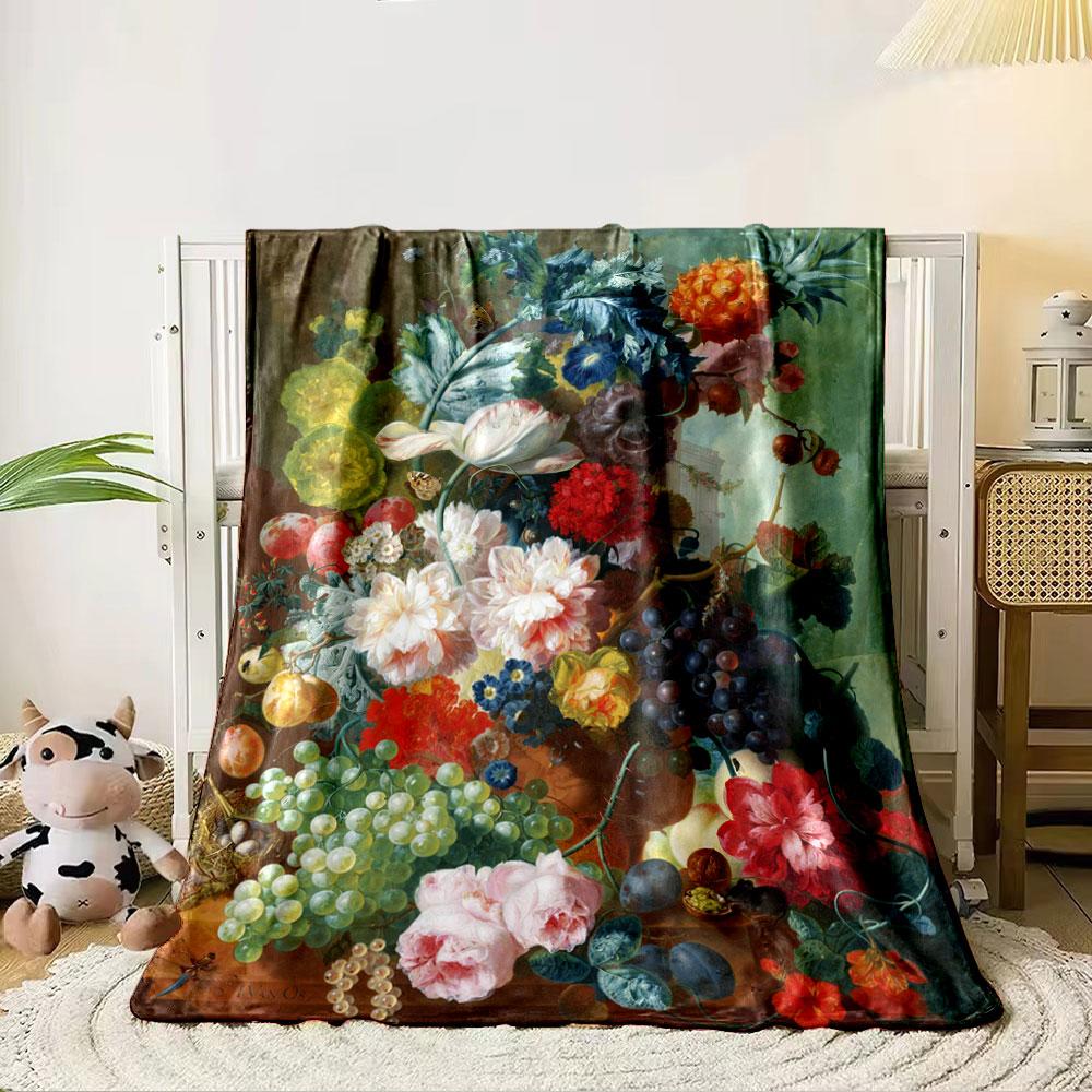 A vibrant still life of assorted flowers, fruits, leaves, and small creatures. for all seasons blanket lunch break throw gift 80cm x 120cm