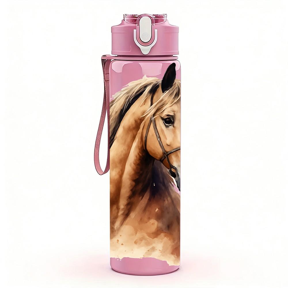 1PC Brown Horse Head Portrait Print 750ml Color Plastic Sports Water Bottle Leakproof Flip Straw Lid Suitable for Sports Office Home Use