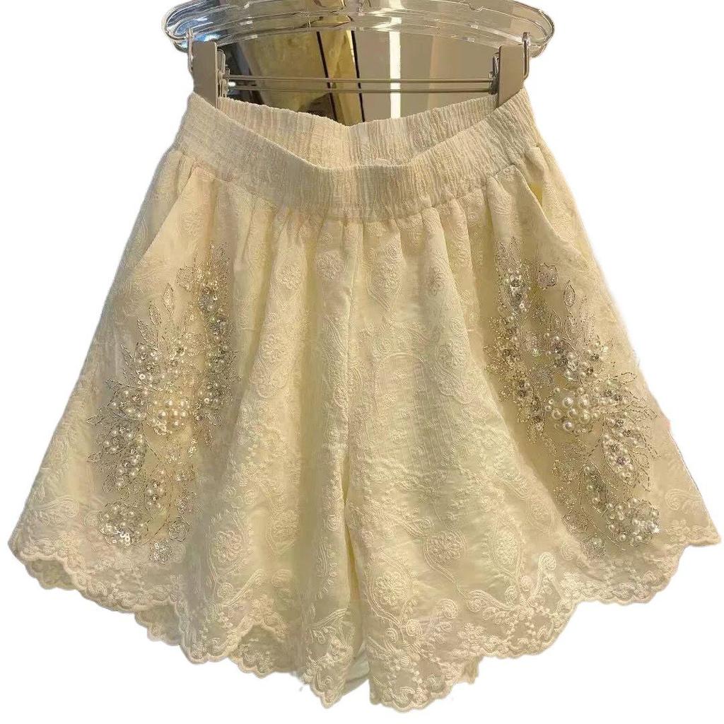 Plus Size Beaded Lace High Waist Shorts - Summer Casual, Wide Leg, Slimming, New Arrivals