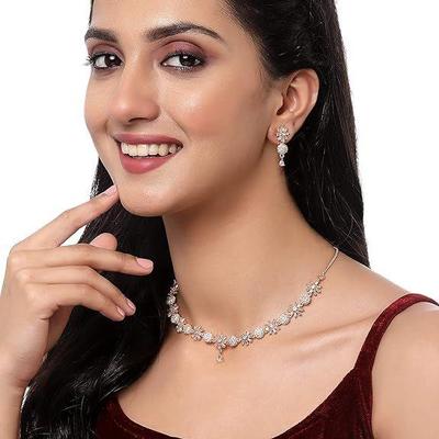 Rhodium Plated Silver Toned White American Diamond Studded Necklace With Earring Jewellery Set For Woment and Girl
