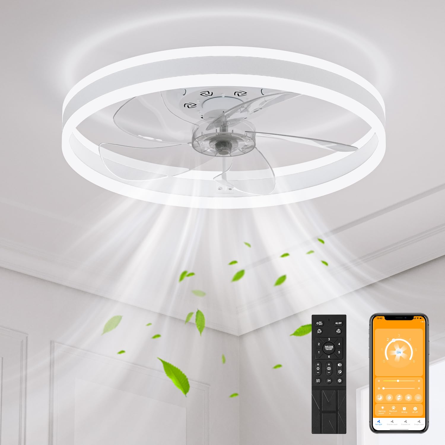 

APPOLYN Ceiling Fan Light, LED Ceiling Light, Air Circulation Fan with Dimmable Light, Color Change, and Rotating Blades, Timer Included, Suitable