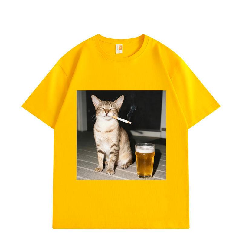 Funny Smoking and Drinking Cat Meme T Shirt High Quality Oversized T-shirts Men Women Casual Cotton Short Sleeve T-shirt