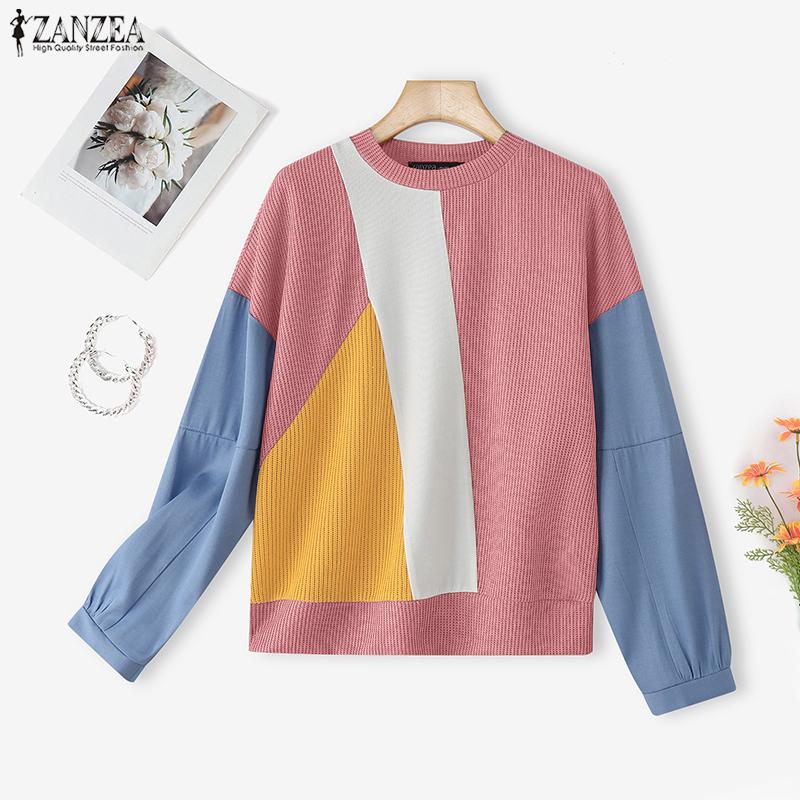 ZANZEA Women Casual Round Neck Long Sleeve Loose Patchwork Pullover Sweatshirt