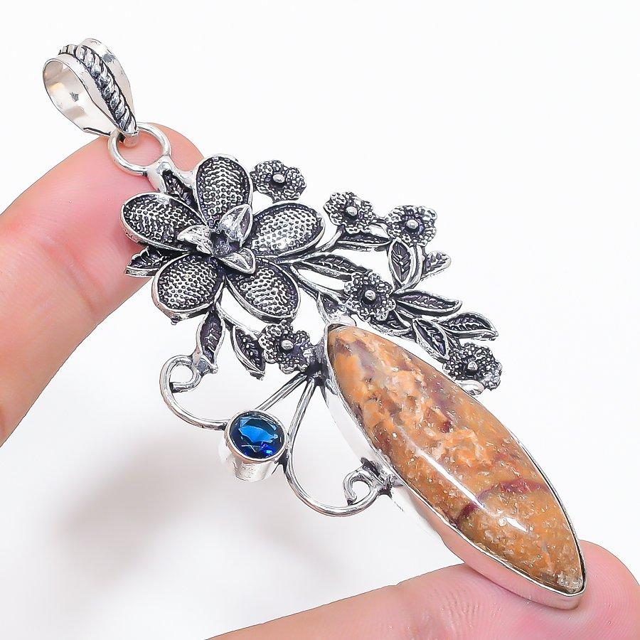 Natural Ghost Eye Jasper, Topaz 925 Sterling Silver Jewelry Pendant 3.43" U9m02