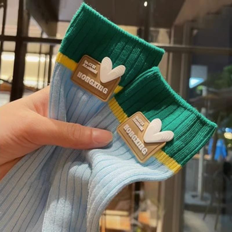 

Розовые носки, женские носки до середины икры, тонкие носки двойной вязки для весны и лета, модные и уникальные цветные блоки, носки Dui Dui с этикеткой в форме сердца 1 pair морская волна