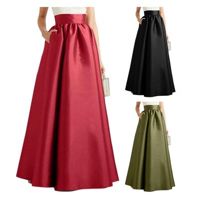 Women's Faux Satin Maxi Skirt, A-line Floor Length Monochromatic High Waist Pockets Elegant Vintage Casual Oversized Lon Autumn