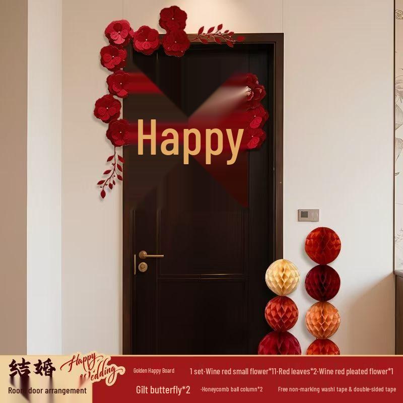 Wedding Decoration Set: Groom & Bride Xi Character Door Stickers & Hanging Ornaments
