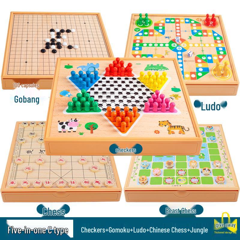 Multi-game Board Set: Ludo, Five-in-a-Row, Chinese Chess, Checkers, Animal Adventure, Kids' Chess