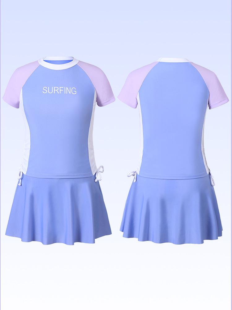 2025 Girls' Conservative Two-Piece Swimsuit: Fresh Waist-Slimming Short Skirt & Short-Sleeve Design