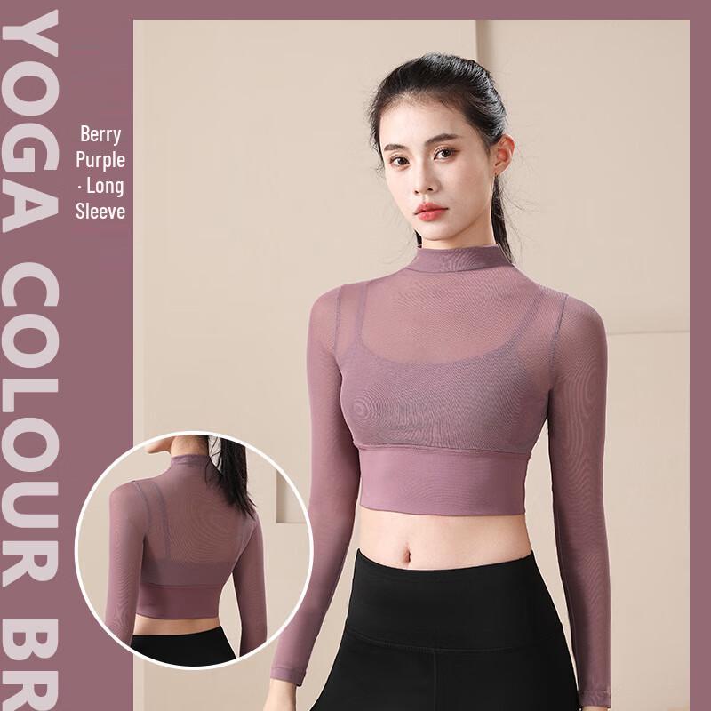 Women s Faux Two-Piece Mesh Long Sleeve Yoga Top S