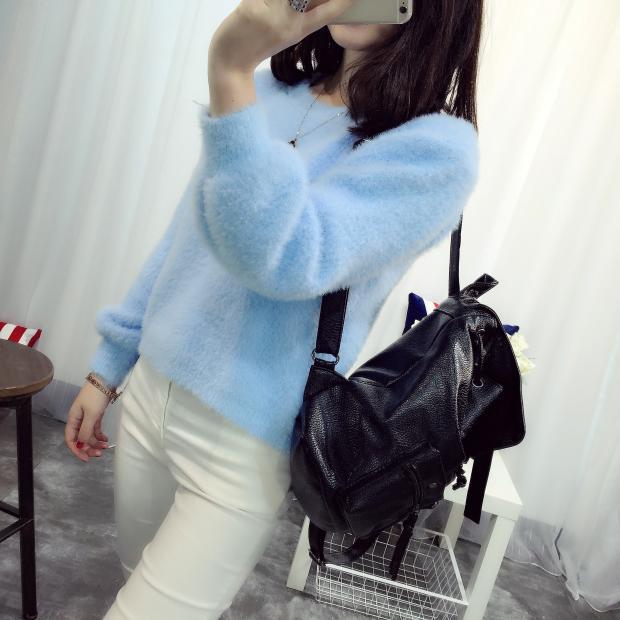 

QICED Осенне-зимний свитер для женщин Свободный свитер из искусственного норкового кашемира Толстый пуловер с круглым вырезом Однотонная базовая рубашка для студенток Uniform size синий