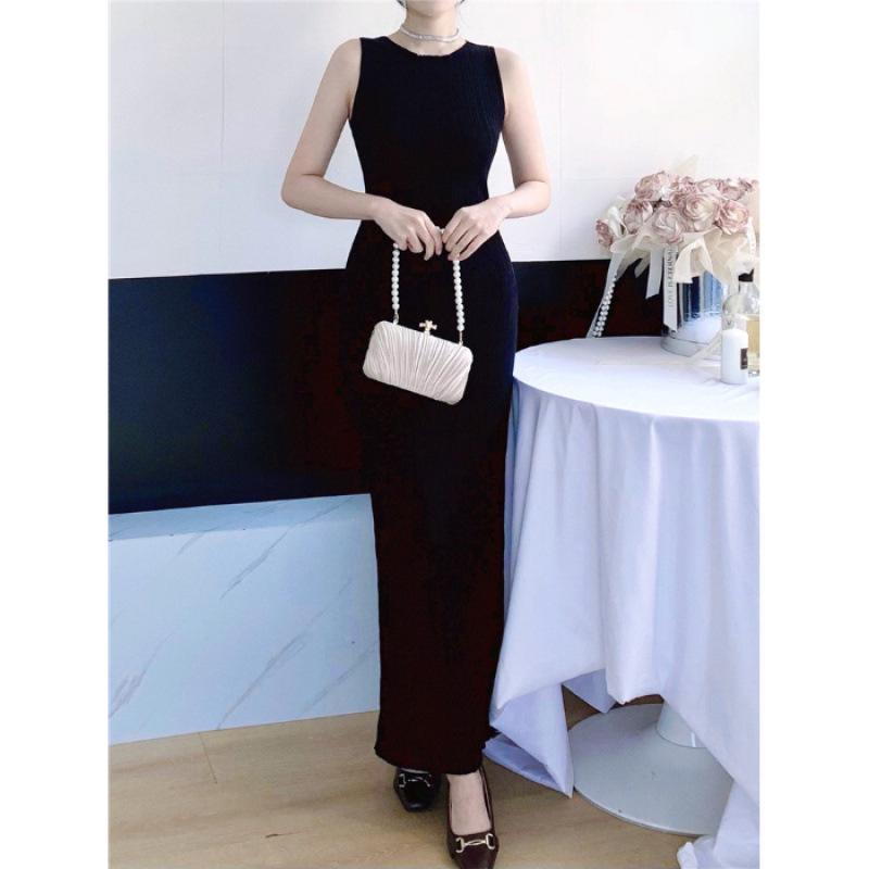 Women's French Style Sleeveless Knit Dress: Waist-Cinching Slim Fit, Summer Hip-Hugging Long Skirt