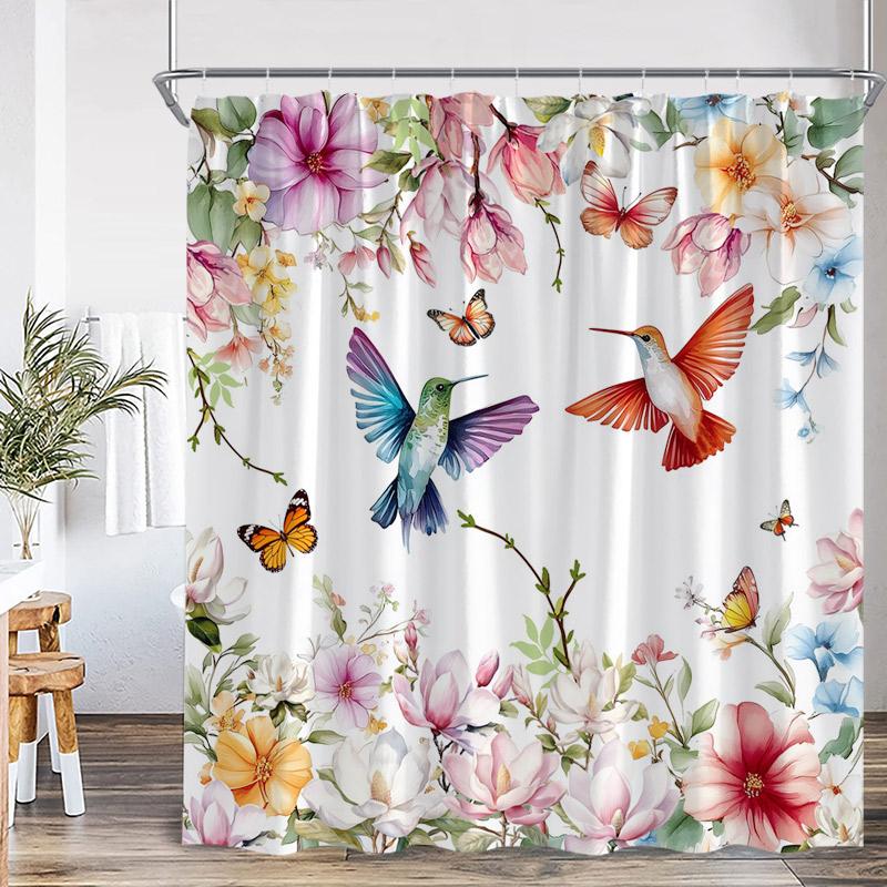 Floral Hummingbird Shower Curtains Watercolor Flowers Butterfly Dragonfly Birds Plant Bath Curtain Modern Fabric Bathroom Decor