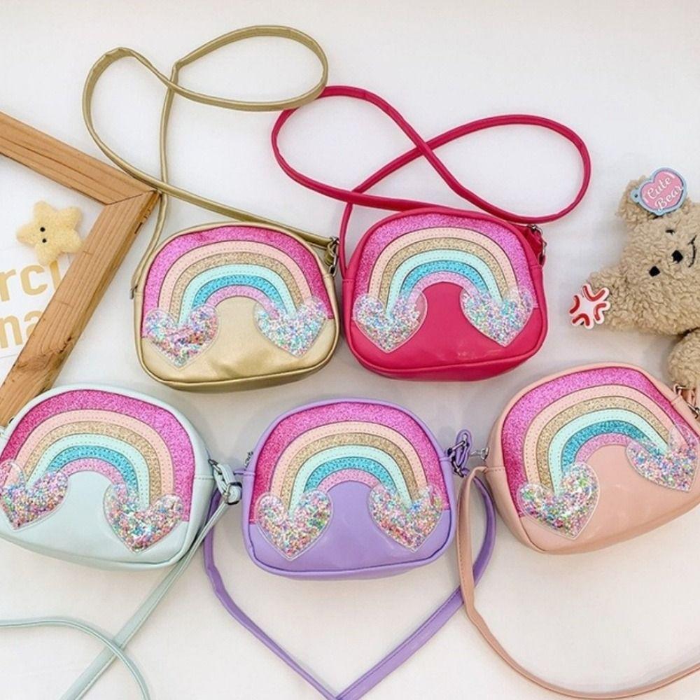 Cute PU Leather Shoulder Bags Rainbow Heart Portable Coin Purse Clutch Style Sequins Print Cartoon Bags For Girls