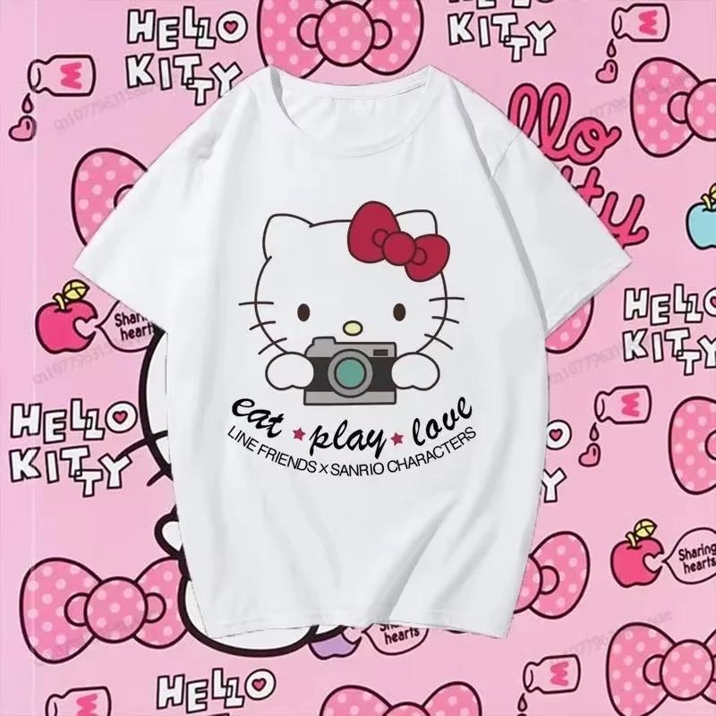 2026 new Summer HelloKitty Cute Print Tee Casual Short Sleeve Cotton Tops for Adults Kids Sweet Kawaii Style Daily Outfit