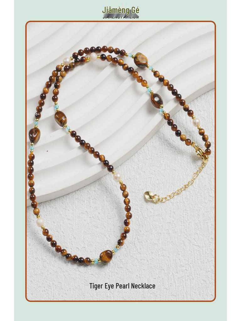 Elegant Natural Tiger Eye Stone Pearl Choker Necklace - High-End Fashion Statement for Women