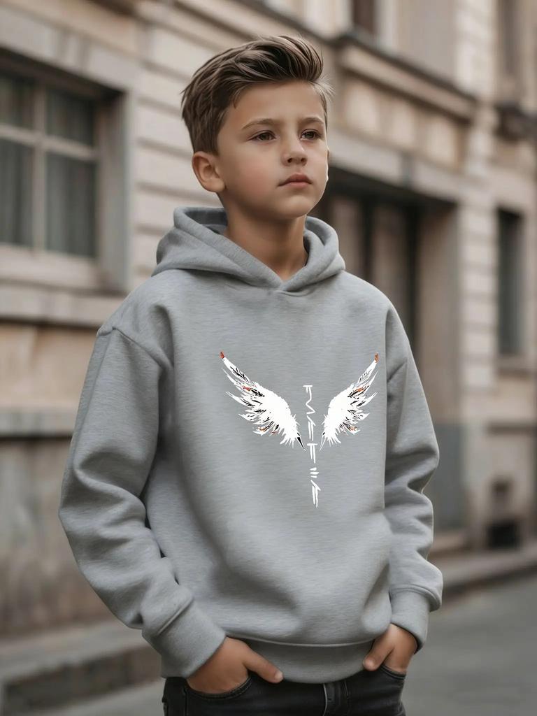 Kids Hoodie Autumn Winter Thick Fleece Angel Wing Sword Graphic Print Warm Casual Streetwear Pullover Sweatshirt