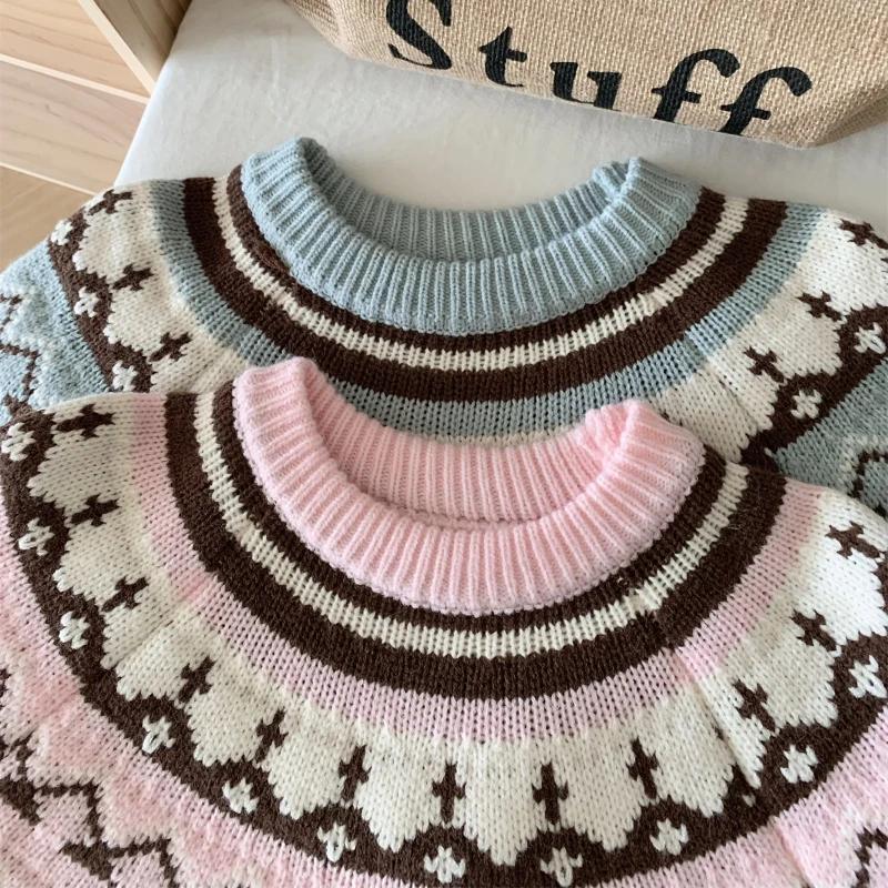 Japanese Retro 2024 Women Patchwork Elegant Knitted Sweater Autumn Winter Long Sleeve Round Neck Pullover Trendy Chic Clothing