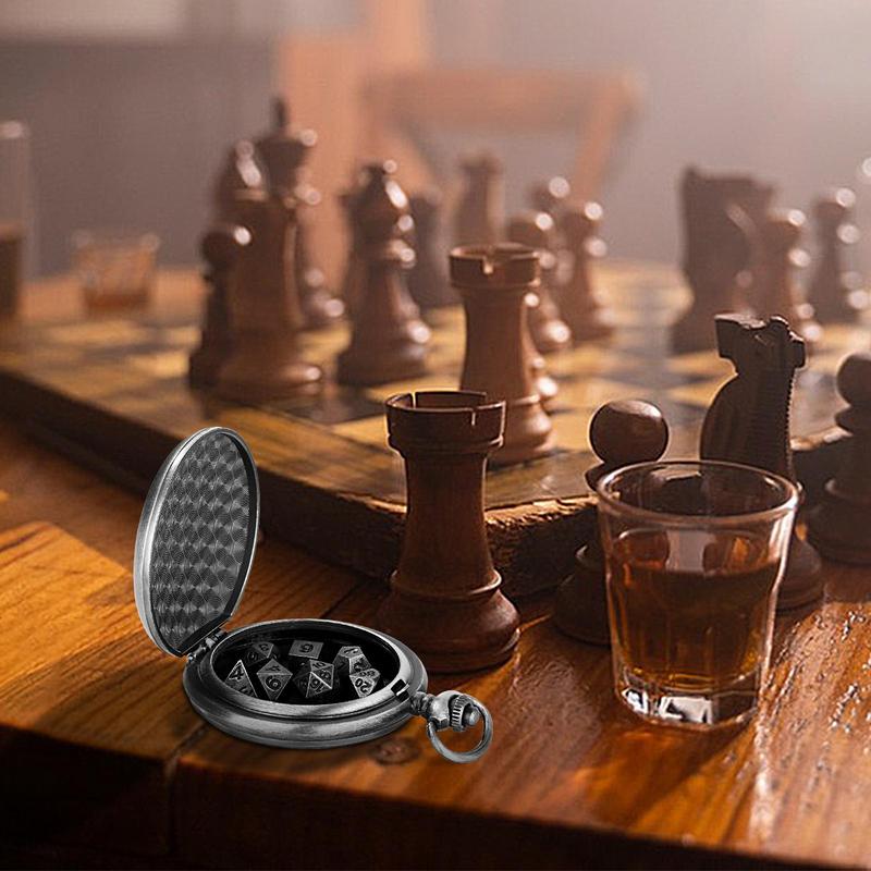 Metal Polyhedral Dice Set Metal Dice With Pocket Watch Shell Portable Vintage Steampunk Exquisite Dice For Games Lovers Math