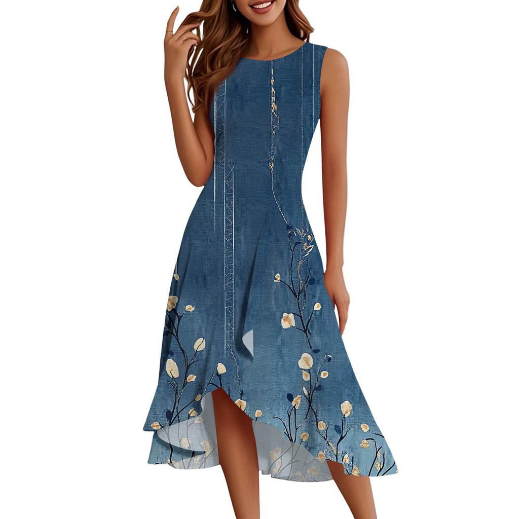 Damenmode Lässig Reißverschluss Ärmellos Rundhals Bedruckt Elegant Temperament Rüschenkleid Kleider