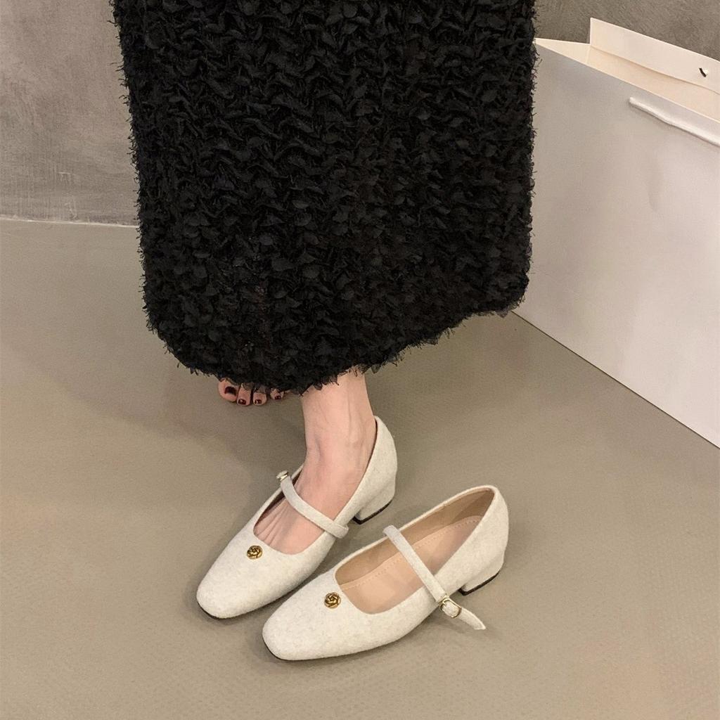 Francuski gruby obcas małe pachnące zamszowe szare pojedyncze buty buty damskie 2024 wiosna i jesień ze spódnicą buty wieczorowe Mary Jane