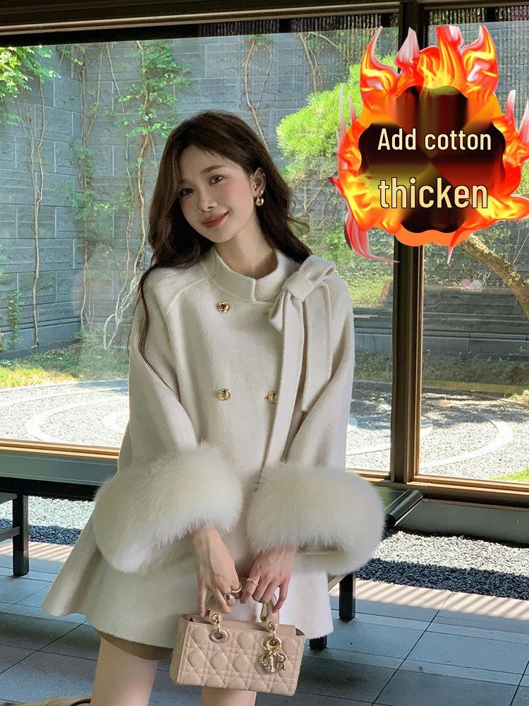 Petite Bow Women's Thickened Fleece Lined Wool Cape Coat