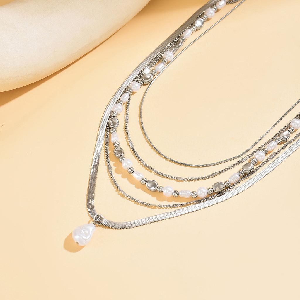 Vintage French Faux Pearl Layered Necklace For Women With Geometric Design And Style Accessory