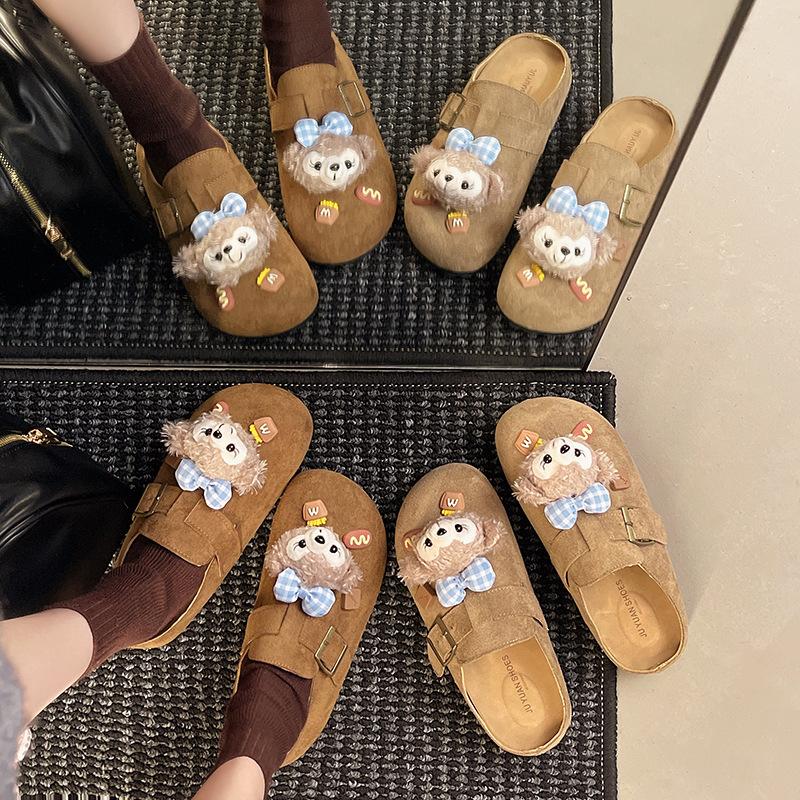 2025 Red Half Shoes New Casual Half Drag Boken Explosion Cartoon Spring Women's Net Boken Sherry Rose Belt Buckle