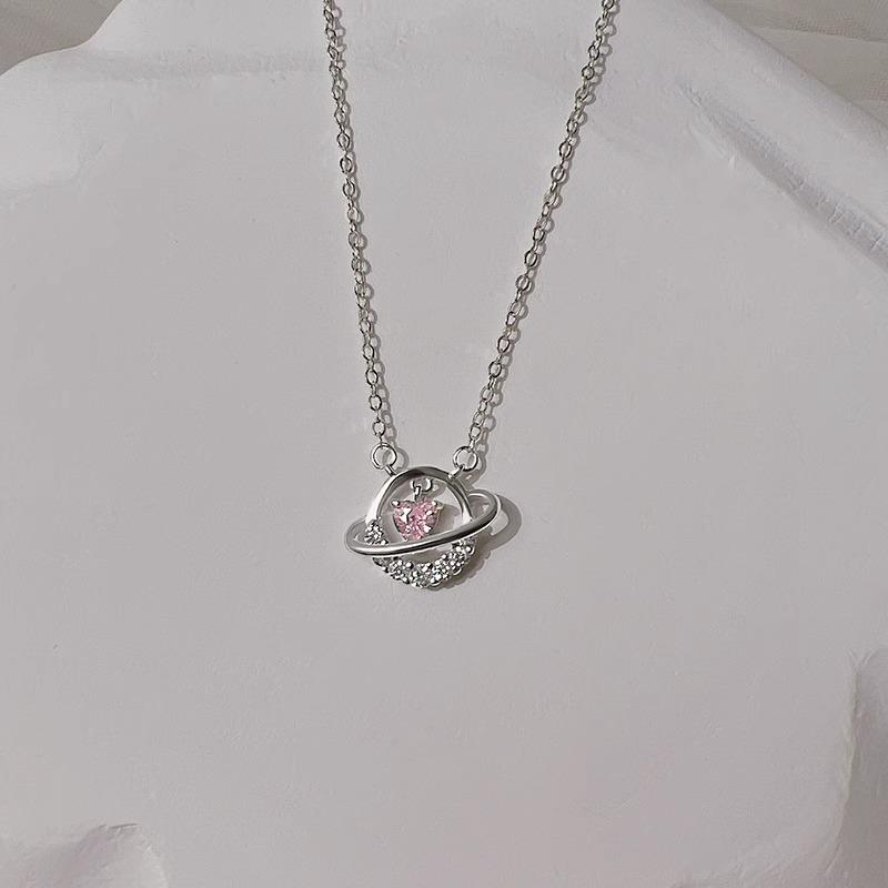 Love Pink Diamond Necklace Jewelry Women's Light Luxury Sweet Temperament Girl Surrounding Heart Zircon Stainless Steel Clavicle Chain