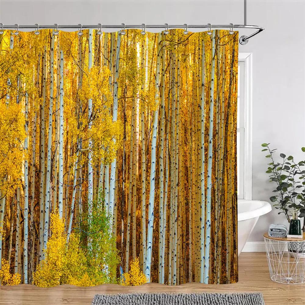 Beautiful Autumn Landscape Shower Curtain Forest Lake Fire Red Golden Leaves Nature Landscape Fabric Bath Curtain Bathroom Decor