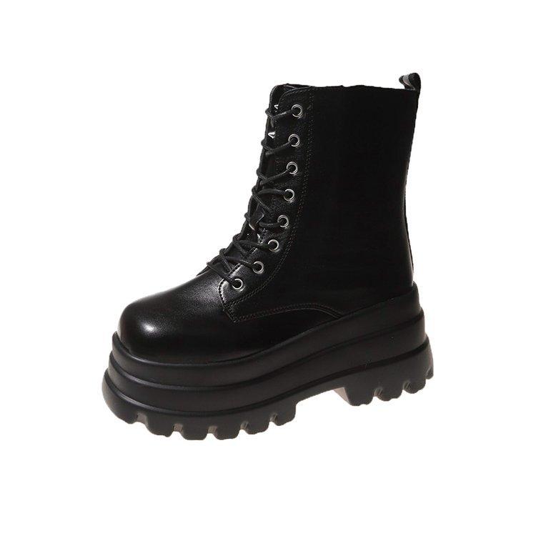 Large Size Muffin Fashion Boots Autumn and Winter New British Waterproof Table Black Boots Thick-soled Zipper Medium Boots