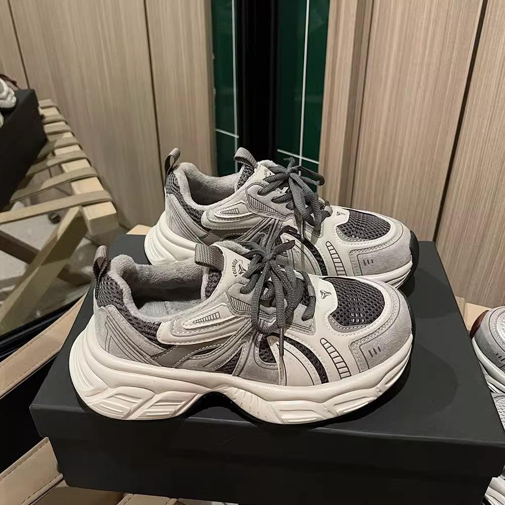 Cowhide Version~ Genuine Leather Platform Dad Shoes Women's 2025 New Autumn Height Increase Lightweight Casual Mesh Red Sneakers