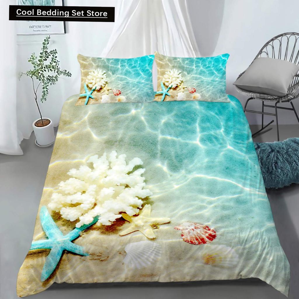 Summer Beach King Queen Duvet Cover Blue Ocean Fish Bedding Set Hawaiian Sea Palm Trees Quilt Cover Marine Life Comforter Cover