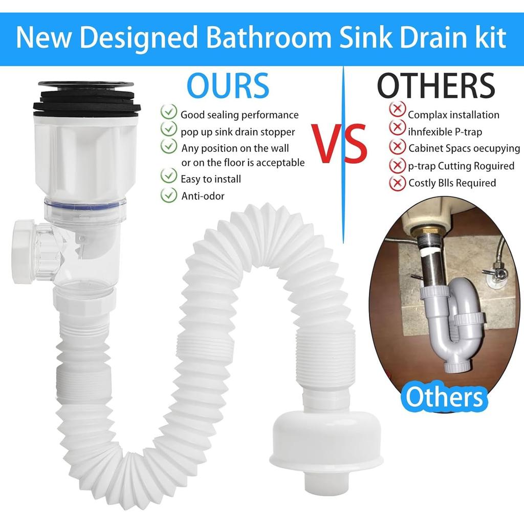 Sada odpadního potrubí umyvadla, Umyvadlový odpad se sítkem, lapačem vlasů a vyskakovací zátkou, Flexibilní umyvadlové odpadní potrubí P-lapač