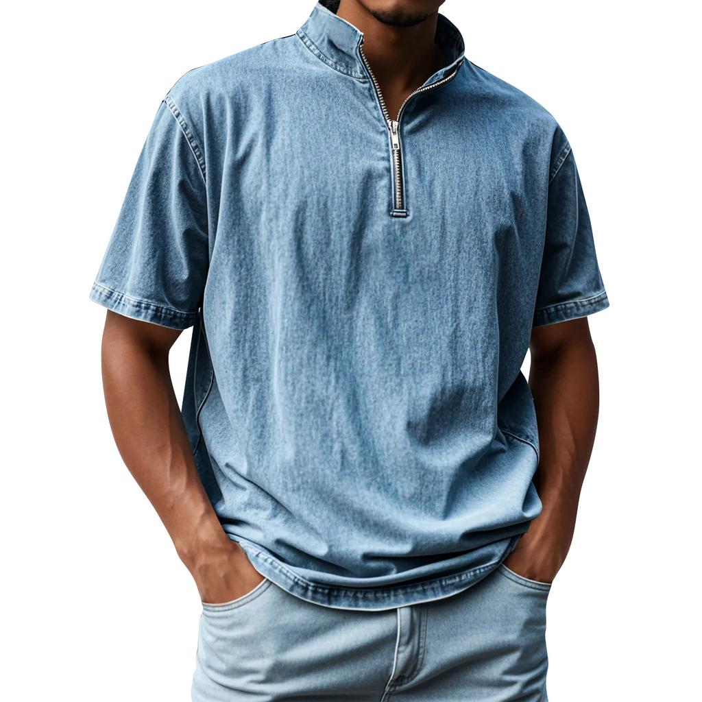 Pánské letní vintage košile s krátkým rukávem, klopou a zipem