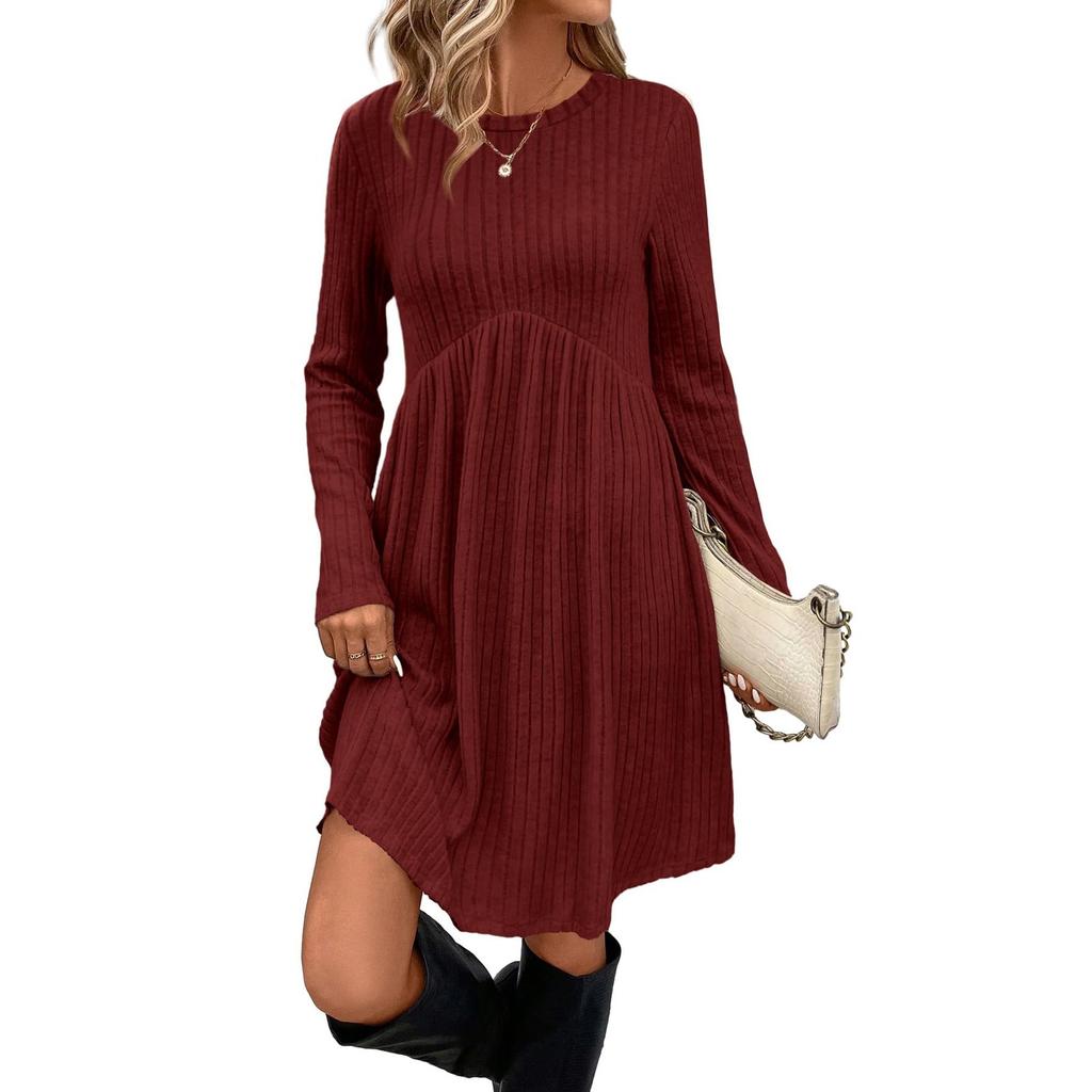 Women's Long-sleeved, Round-neck, High-waisted, Pocketed, Striped Dress