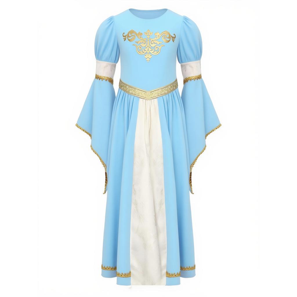Dívčí středověký kostým princezny Patchwork Kulatý výstřih Zvonové rukávy Zlatý potisk Volánkový lem Dlouhé šaty