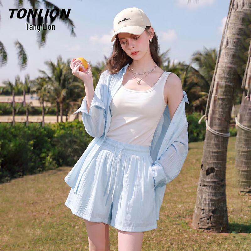 TonLion Women s Lightweight Shirt & Shorts Two-Piece Set XL светло-синий