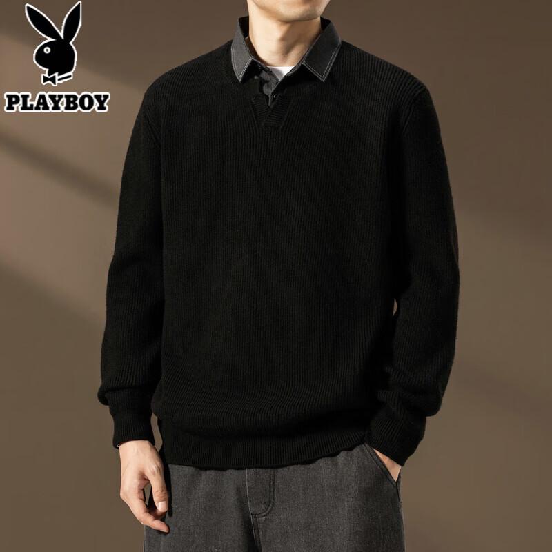PLAYBOY Men s Fake Two-piece Shirt Collar Knit Sweater 3XL