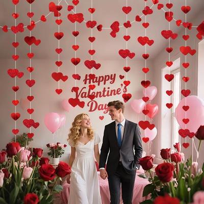 2pcs Total 8m Red Heart Garland Hang Love Streamer Glitter Heart Backdrop for Wedding Engagement Valentines Party Decor