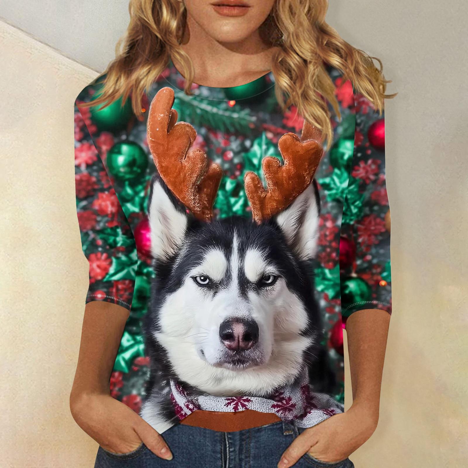 

Women s Fashionable And Casual Three-quarter Sleeve Christmas Printed Round-neck Top L