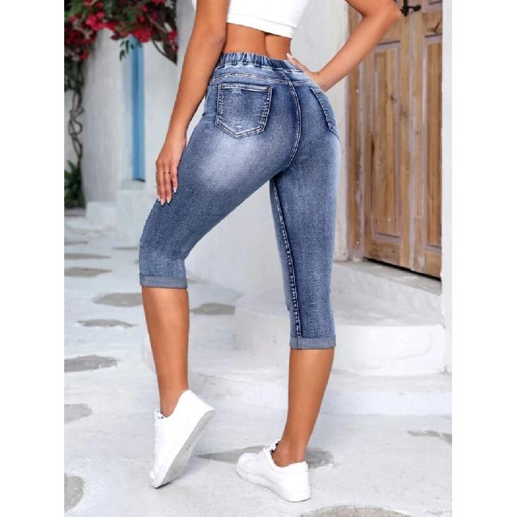 Damskie Spodnie Jeansowe Vintage Lato Wysoki Stan Slim Fit Sznurek w Pasie Spodnie Capri Streetwear Krótkie Spodenki Jeansowe Collant