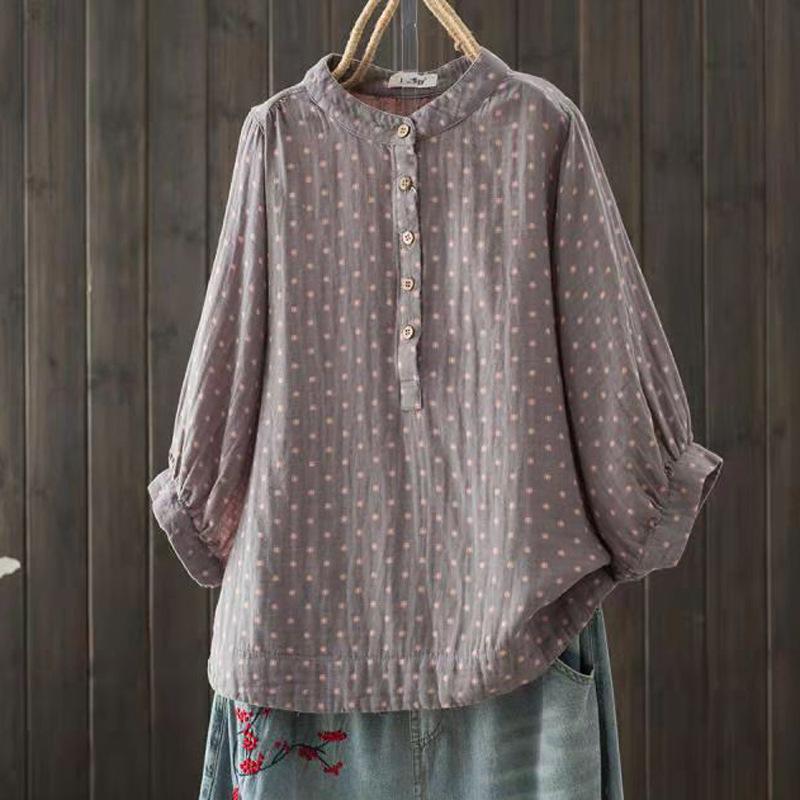 

Женская двухслойная рубашка из хлопчатобумажной пряжи, свободная рубашка из хлопковой пряжи с цветочным воротником-стойкой one size фиолетовый