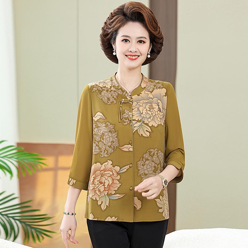 

Mom s Summer Silk Mid-Sleeve Shirt: Chinese Style with Frog Buttons for Middle-Aged & Elderly Women 3XL (recommended 60-67.5 kg)