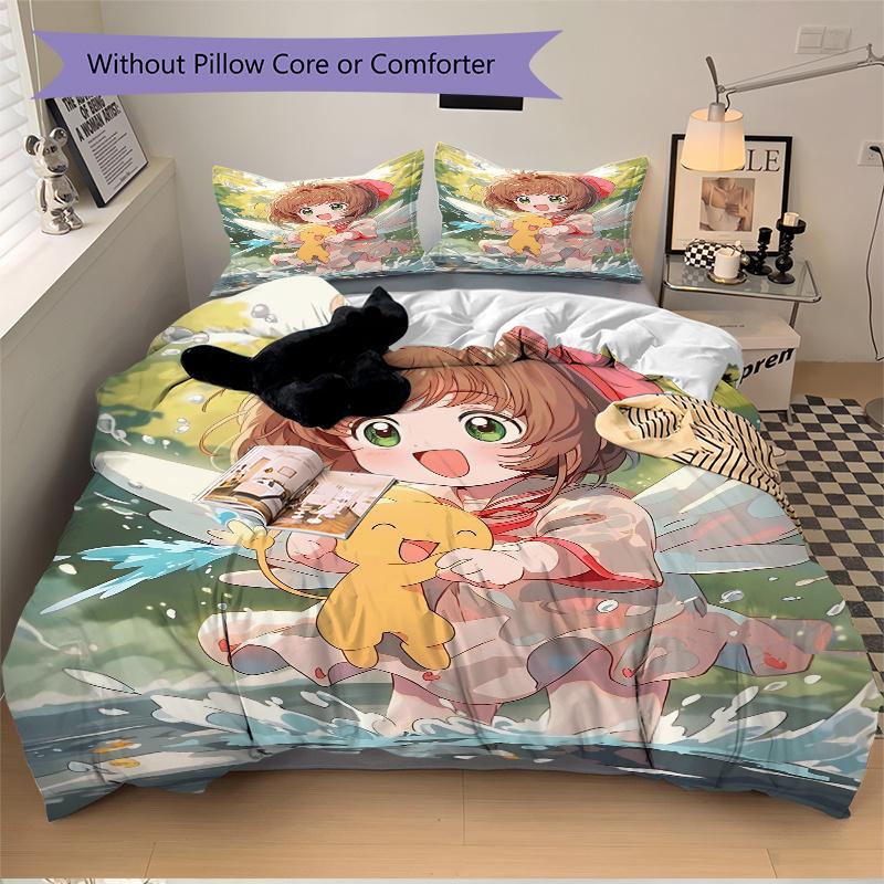 3pcs Anime Sakura and the Elf Printed Quilt Set - Soft and Comfortable Quilt Cover for Bedroom, Guest Room L003
