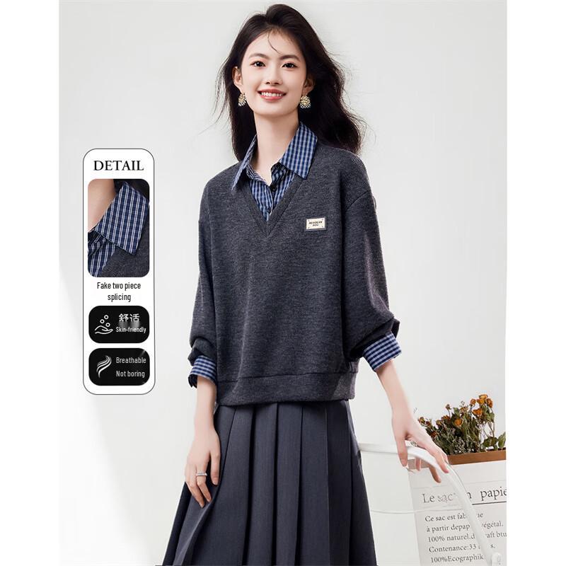 

Xinfeiyu Women s Faux Two-Piece Patchwork Loose Sweatshirt M