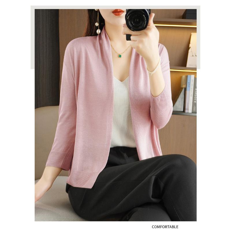 Dünne Strickjacke aus Eisseide und Leinen für Damen, langärmelig, Strickmode, locker, elegant, Schal, lässiger Mantel, einfarbig, einfaches Grundmodell, Pendeln, Frühling, Herbst