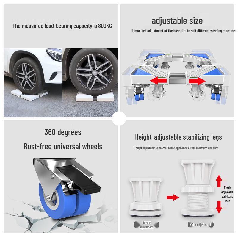 Adjustable Washing Machine Stand with Wheels, Brakes, and Storage Rack